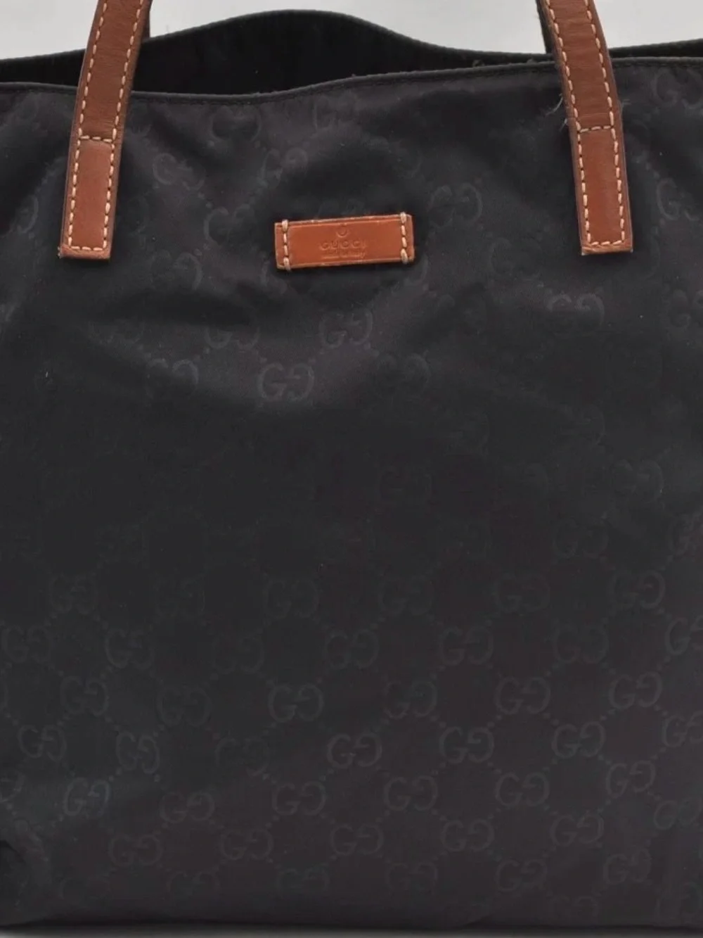 Gucci Black GG Canvas Tote with Brown Leather Handles